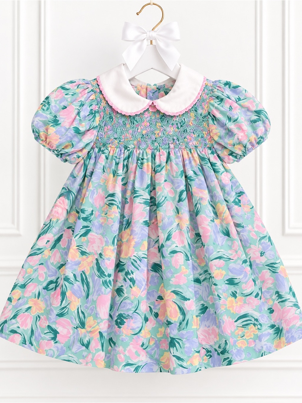 SPECIAL Rare Vintage Polly Flinders Floral Smocked Dress Pastel Mint 3T Puff